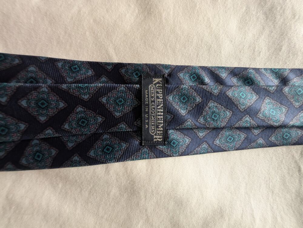 Vintage Kupenheimer Men’s Silk Tie Geometric Pattern Blue/Teal Pointed One Size